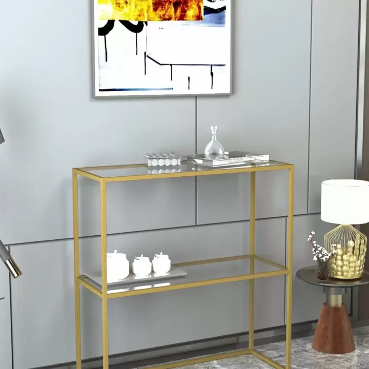 Glass Metal Dresuar Decorative Shelf Coffee Corner Console with Glass - Gold