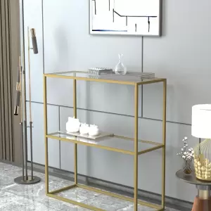 Glass Metal Dresuar Decorative Shelf Coffee Corner Console with Glass - Gold