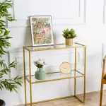 Glass Metal Dresuar Decorative Shelf Coffee Corner Console with Glass - Gold