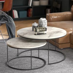 2-Piece Round Middle Coffee Table Set-White Marble Pattern