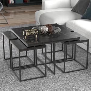 Wooden 3-Piece Centre and Nesting Coffee Table-Black Marble Pattern