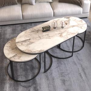 Wooden 3-Piece Centre and Nesting Coffee Table-White Marble Pattern